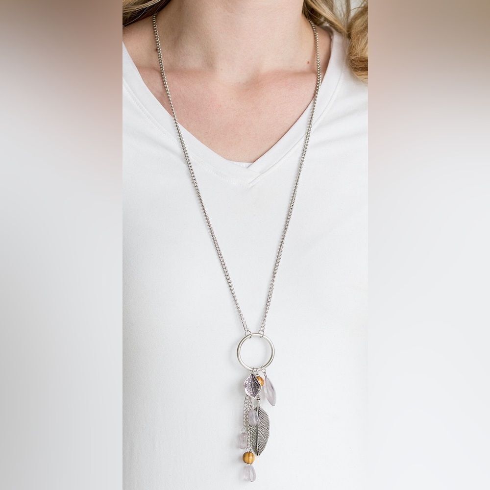 Boho silver tone long chain necklace with orange and leaf pendant